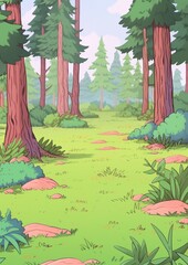 Deep Green Summer Forest with Lush Pants, Grass and Trees. Children's book illustration in cartoon style.