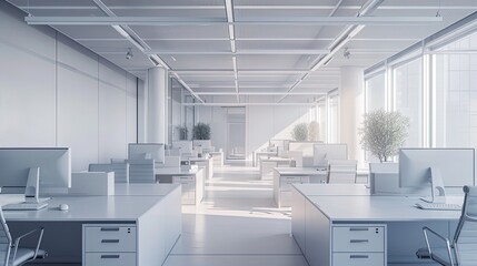 Fototapeta na wymiar This minimalist office design features bright open spaces, clean lines, and orderly workstations, fostering a serene and focused work atmosphere.