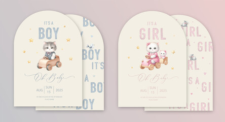 Cute baby shower watercolor arch invitation card with toy kitten sitting in a toy wood car. Oh baby calligraphy.