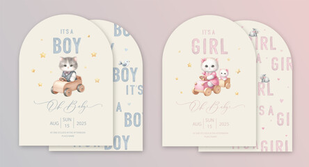 Obraz premium Cute baby shower watercolor arch invitation card with toy kitten sitting in a toy wood car. Oh baby calligraphy.