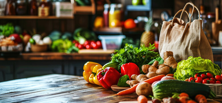 variety of fresh organic vegetables on wooden table on local farmers groceries store background. banner with copy space - Powered by Adobe