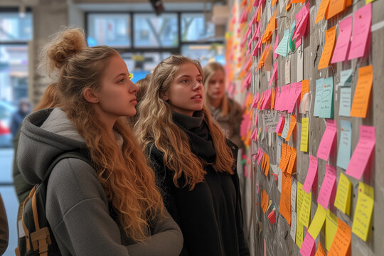 Jeunes lyc&eacute;ens ou &eacute;tudiants devant un tableau rempli de post it, questions d'orientation, d'examens et de stage professionnels &agrave; l'&eacute;cole
