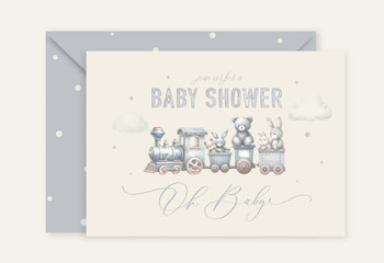 Cute baby shower watercolor arch invitation card with plush toys sitting in a toy train. Oh baby calligraphy.