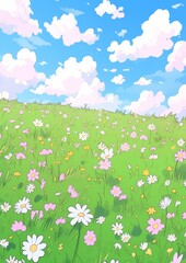 Summer Meadow with Flowers . Green grass and colorful flowers natural backdrop. Children's book illustration in cartoon style.