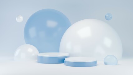 3D Rendering Blue bubbles background with white podium abstract under water