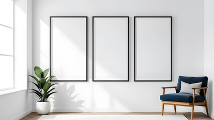 mockup vertical rectangle painting frames hanging on a white wall background at the room corner 