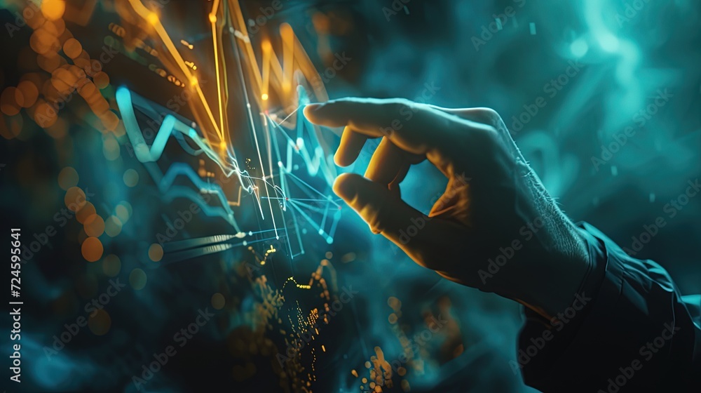 Poster a businessman's hand interacting with a futuristic holographic interface, symbolizing advanced data 