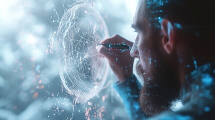 An innovator engrossed in thought, holding a stylus and contemplating a complex holographic network, symbolizing futuristic technology and design.