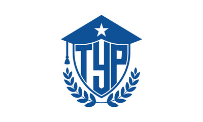 TYP three letter iconic academic logo design vector template. monogram, abstract, school, college, university, graduation cap symbol logo, shield, model, institute, educational, coaching canter, tech