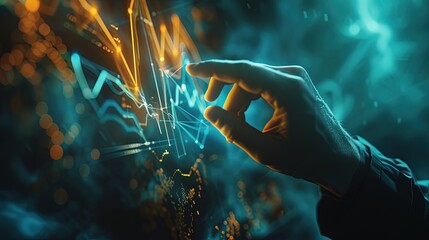 A businessman's hand interacting with a futuristic holographic interface, symbolizing advanced data analytics and business intelligence in a digital age.