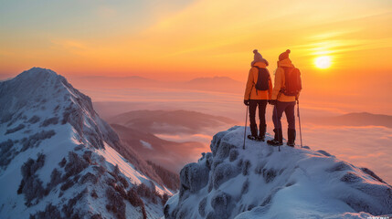 A Couple Standing on Top of a Snow Covered Mountain