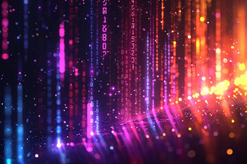 Vibrant digital matrix with purple hues and flowing data streams