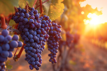 Sunlit purple grapes on vine