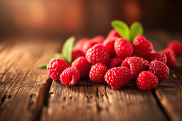 Ripe raspberries on rustic wood