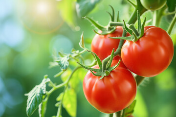 Ripe tomatoes on vine - obrazy, fototapety, plakaty