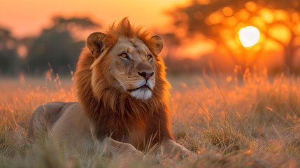 Lion resting in field during sunset glow