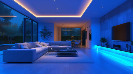 Obraz na płótnie Canvas Modern living room with blue ambient lighting at night