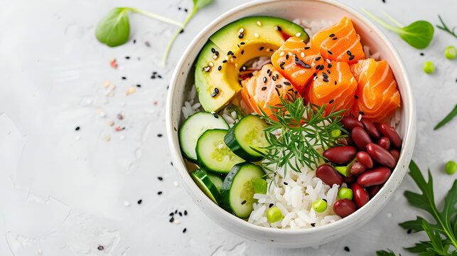poke bowl with salmon isolated on a white background. top view, copy space, generative ai