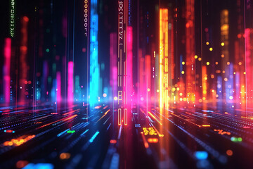 Vibrant digital rain with blue and orange light streaks