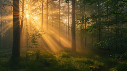 Naklejka premium Peaceful sunrise seen from a forest clearing, rays of light streaming through the trees