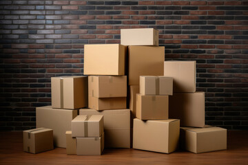 Many cardboard boxes on on the floor against the wall. Moving, packing things,delivery.