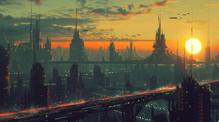 Naklejka premium Futuristic Cityscape Enhanced by a Rough Gradient Sky.