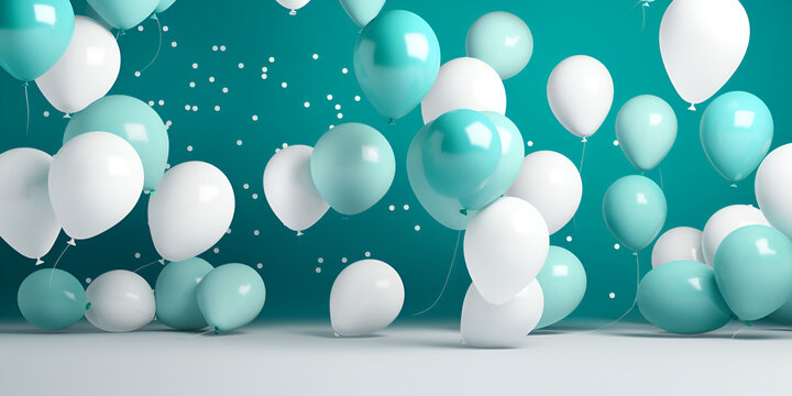 Blues ans whites balloons floating in pink pastel background copy space idea concept 3d rendering, Tiffany blue balloons with empty space

