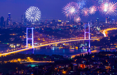 Fototapeta na wymiar Fireworks in the Bosphorus, big celebration