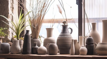 Fototapeta na wymiar Assorted Textured Ceramic Vases Display
