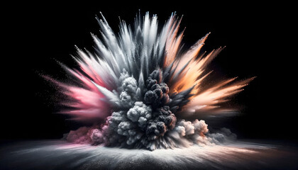 A wide-angle photography capturing an explosion of light grey and white powders into the air on the...