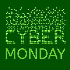 Pixelated cyber Monday green background. Scattered data pixels. Technology and online shopping offer. Square composition. Deals and discounts design.
