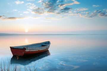 Naklejka na ściany i meble A solitary red boat on a glassy lake, bathed in the soft light of sunrise