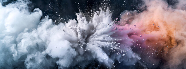 An explosive powder burst background from a dense monochrome core to a splash of pink and orange hues at the edges