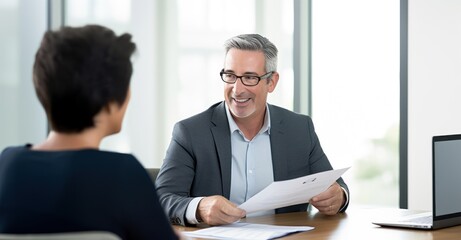 Mature individual discussing retirement plans with a financial advisor in an office.