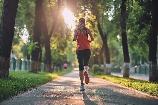 Female young runner jogging alone in city park. Healthy sporty fitness woman running outdoors training for wellness, health and cardio. Workout in nature and healthy lifestyle concept.