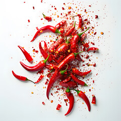 Hot red chili pepper splash explosion on white background