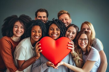 Group of diverse volunteer people comes together, holding a red heart. Smiles radiate happiness, embodying unity and love, perfect for celebrating Valentine Day or any occasion of shared joy - obrazy, fototapety, plakaty