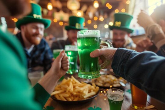 Happy friends celebrating St Patrick's Day. Group of Irish men in leprechaun hats having a party, sitting at table with chips and French fries, saying toast, clinking big mugs, and drinking green bee
