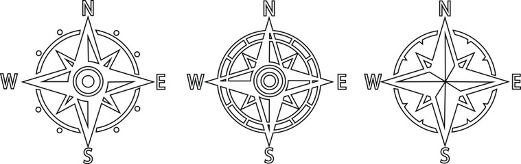 Compass icons set. Monochrome navigational compass with cardinal directions of North, East, South, West. Geographical position, cartography and navigation. Wind rose vector line collection.