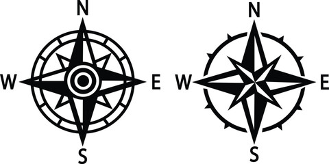 Compass icons set. Monochrome navigational compass with cardinal directions of North, East, South, West. Geographical position, cartography and navigation. Wind rose vector flat or line collection. - obrazy, fototapety, plakaty
