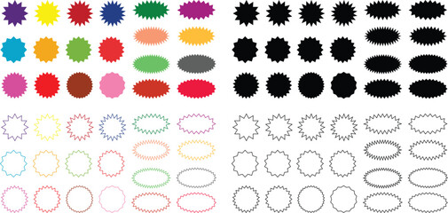 Starburst sale sticker or ribbon icon set of black or colorful price, discount, sunburst badges flat or line vector. Special offer price tag promotional shopping label isolated transparent background - obrazy, fototapety, plakaty