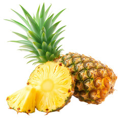 Whole pineapple and pineapple slice. Pineapple with leaves isolate on white. Full depth of field isolated on transparent background