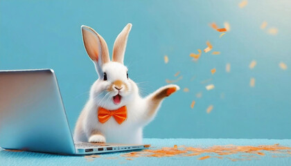 Happy excited Surprised bunny with falling colorful confetti popper, easter eggs, and a laptop, Cute Rabbit on pastel turquoise background.