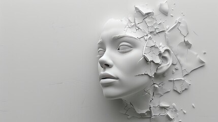 Conceptual image of the female head cut out of the wall and coming out of the wall. 3d illustration