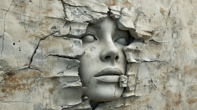 Conceptual image of the female head cut out of the wall and coming out of the wall. 3d illustration