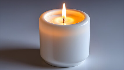 Obraz na płótnie Canvas white candle ceramic lit angled. burning candle. White background