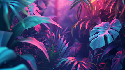 A neon abstract background resembling a digital jungle, with glowing foliage and abstract flora