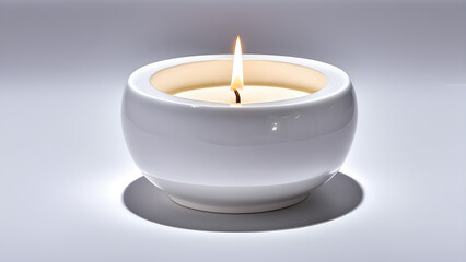 Obraz na płótnie Canvas white candle ceramic lit angled. burning candle. White background