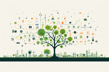 Tree with abstract technology icons and city silhouette