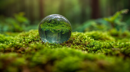 glass globe ball with plants  and green nature blur background. eco earth day concept. 